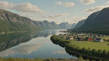 Et fredelig og pittoreskt norsk landskap med en liten bosetning i det fjerne.