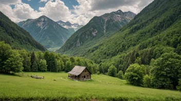 Et malerisk fjellandskap med en liten hytte eller gård i bakgrunnen.