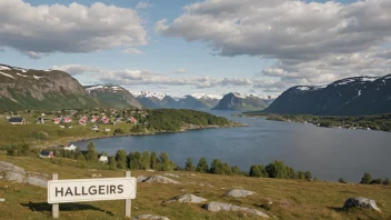 Et idyllisk norsk landskap med en liten landsby og en skilt med navnet 'Hallgeirs'.