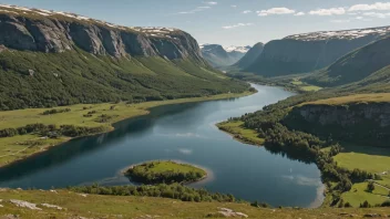 Et malerisk landskap av Grøndalen-dalen med rullende åser og en rolig innsjø