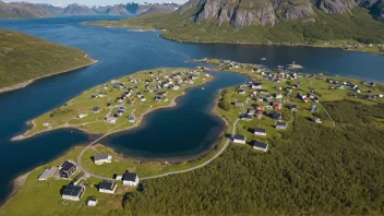 Flyfoto av Melbu bygd omgitt av fjorder og fjell