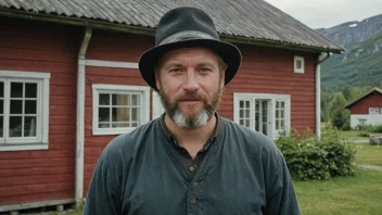 En mann med skandinavisk utseende som står foran et tradisjonelt norsk hus.