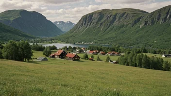 Et fredelig norsk landskap med en ås eller fjell i bakgrunnen.