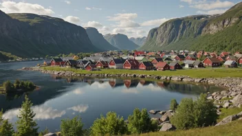 Et pittoreskt norsk landsby eller by med et skilt eller et kart som viser navnet Bjoas.