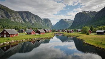 Et naturskjønt bilde av Slåstads, som viser stedets vakre omgivelser og tradisjonelle norske hus.