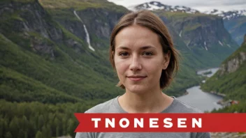 En person med et alvorlig uttrykk, stående foran et norsk flagg