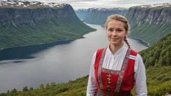 En kvinne i tradisjonell norsk drakt med et navneskilt med 'Reidun' skrevet på det, stående foran et naturskjønt norsk landskap.
