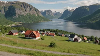 Et idyllisk norsk landskap med en liten landsby eller by i bakgrunnen, og et skilt eller en bygning med navnet 'Wassberg' i forgrunnen.
