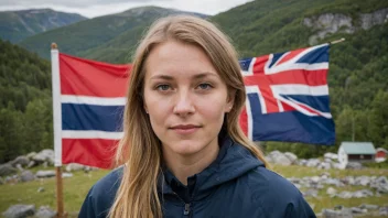 Et bilde av en person med etternavnet Brynhildsen, med et norsk flagg i bakgrunnen.