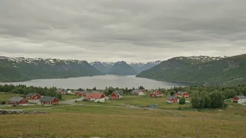 Et idyllisk norsk landskap med en liten landsby i bakgrunnen.