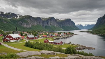 Et idyllisk landskap av en norsk landsby med et skilt som viser navnet Ortneviks