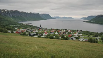 Et fredelig norsk landskap med en liten landsby eller by i det fjerne.