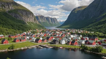 Et pittoreskt norsk tettsted omgitt av fjorder og fjell