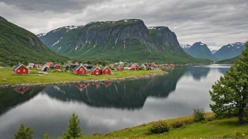 Et idyllisk norsk landskap med en liten landsby eller et hus
