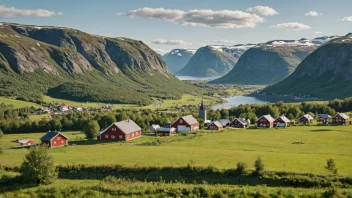 Et pittoreskt norsk landskap med en liten landsby eller gård i det fjerne.