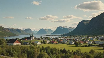 Et idyllisk norsk landskap med en liten landsby eller by i bakgrunnen.