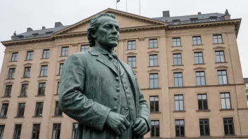En statue av Ludvig Holberg, en norsk forfatter og filosof, foran en bygning i Oslo.