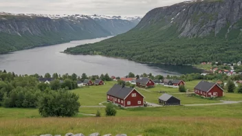Et idyllisk norsk landskap med en liten landsby eller gård i bakgrunnen.
