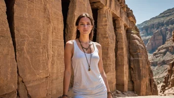 En kvinne med et bestemt uttrykk, stående foran et steinete landskap.