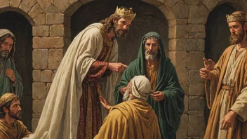 En illustrasjon av Melchior, en vis og edel mann, som holder et gave og besøker Jesus etter hans fødsel.