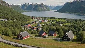 Et idyllisk norsk landskap med en liten landsby og et skilt med navnet 'Bråthen'.