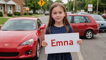 En jente som heter Emma holder et skilt med navnet sitt på, med en rød bil i bakgrunnen.