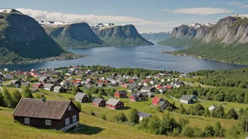 Et idyllisk norsk landskap med en liten landsby eller by i det fjerne, omgitt av rullende åser og fjell.