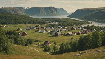 Et pittoreskt norsk landskap med en liten bosetning i det fjerne.