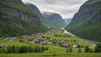 Et pittoreskt landskap av en norsk dal eller landsby