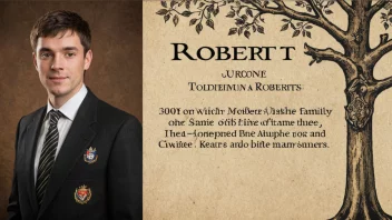 Et bilde som representerer navnet Roberts, med en person i forgrunnen og et familietre eller våpenskjold i bakgrunnen