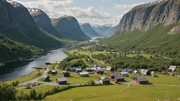 Et malerisk landskap av en norsk dal eller landsby med navnet Engdals på en skilt eller et landemerke