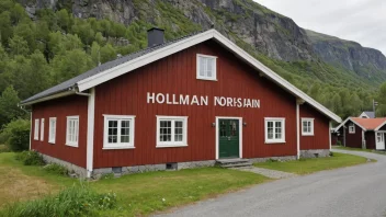 Et tradisjonelt norsk hus med en skilt som leser 'Holmann' i tykke bokstaver, omgitt av frodig vegetasjon og et fredelig landskap