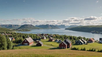 Et pittoreskt landskap av den norske landsbygda med en liten bosetning i det fjerne.
