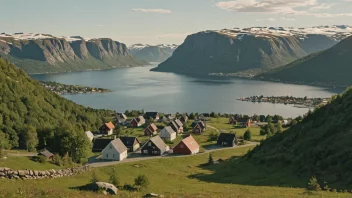 Et pittoreskt norsk landskap med en liten bosetning i bakgrunnen.