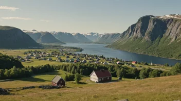 Et idyllisk norsk landskap med en liten bosetning i det fjerne.