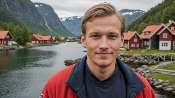 En mann med et sterkt ansiktsuttrykk og et norsk flagg i bakgrunnen