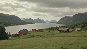 Et idyllisk norsk landskap med en liten bosetning i bakgrunnen.