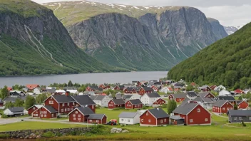 Et pittoreskt norsk tettsted med en skilt som viser navnet 'Grønstads'.