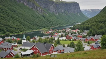 Et pittoreskt norsk tettsted eller landsby med navnet Ingeberg fremtredende.