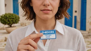 En person med en navnelapp 'Theodors' i en greskinspirert setting, som symboliserer opprinnelsen til navnet.