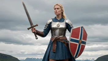 En kvinne med langt hår og en bestemt uttrykk, holder et sverd og skjold med et norsk landskap i bakgrunnen.