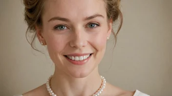 En kvinne med en perlekjede og et mildt smil.