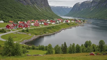 Et pittoreskt norsk landsby med en skilt som viser navnet Strømsheims