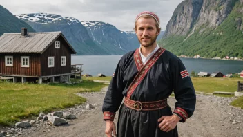 En Gyllenhammar-karakter i tradisjonell norsk klesdrakt, omgitt av elementer fra norsk natur og kultur.