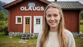 En kvinne med navnet Olaugs, smiler og står foran en tradisjonell norsk bakgrunn.