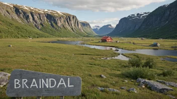 Et idyllisk norsk landskap med en skilt eller bygning med navnet Brandals
