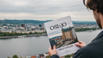 En person holder en kopi av Oslokatalogen, med Oslo by i bakgrunnen.