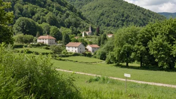 Et fredelig landskap med en liten landsby eller et enkelt hus i bakgrunnen, omgitt av natur.