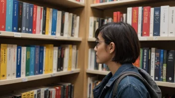 En person som søker etter en bok med forkortelsen NBI på en bokhylle.