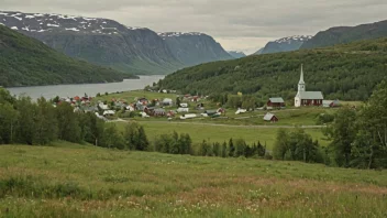 Et idyllisk norsk landskap med en liten landsby i bakgrunnen.